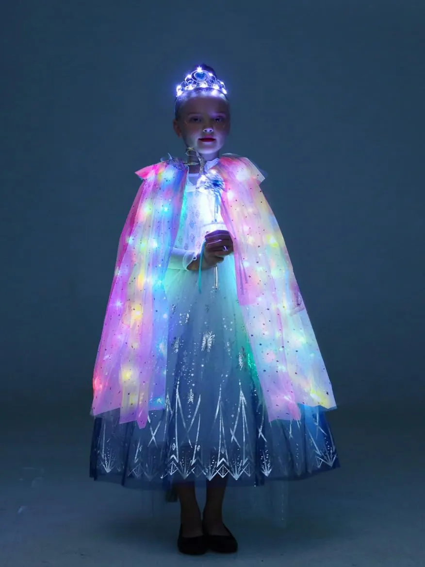 Girls LED Light Up Princess Cape With Glow Necklace Crown and Glow Scepter