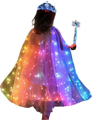 Girls LED Light Up Princess Cape With Glow Necklace Crown and Glow Scepter