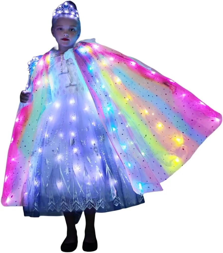 Girls LED Light Up Princess Cape With Glow Necklace Crown and Glow Scepter