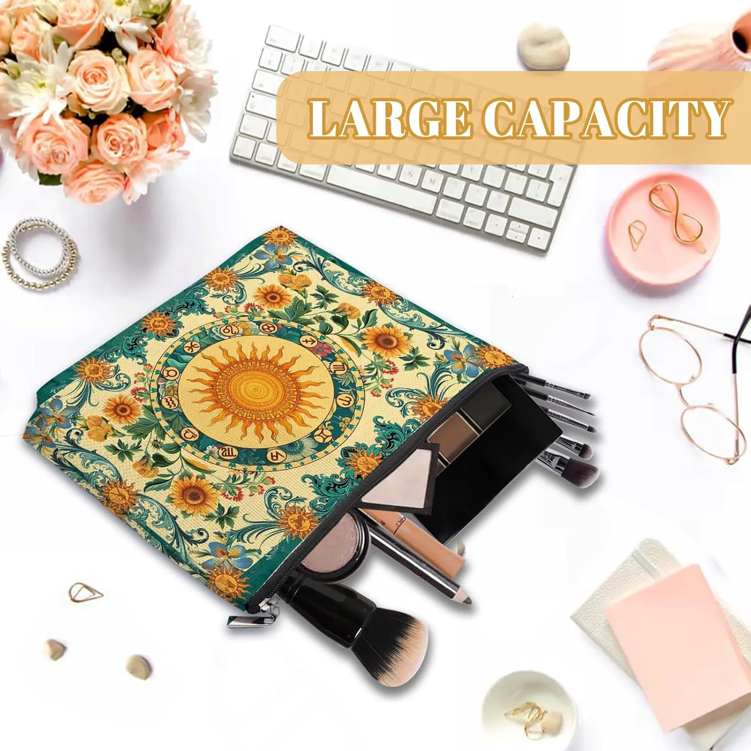 Golden Sun Galaxies Makeup Bag, Sunflowers Gifts For Astronomy Enthusiasts, Fashion Astronomy Makeup Pouch, Travel Toiletry Bag With Zipper, Birthday Christmas Gifts For Women Friend