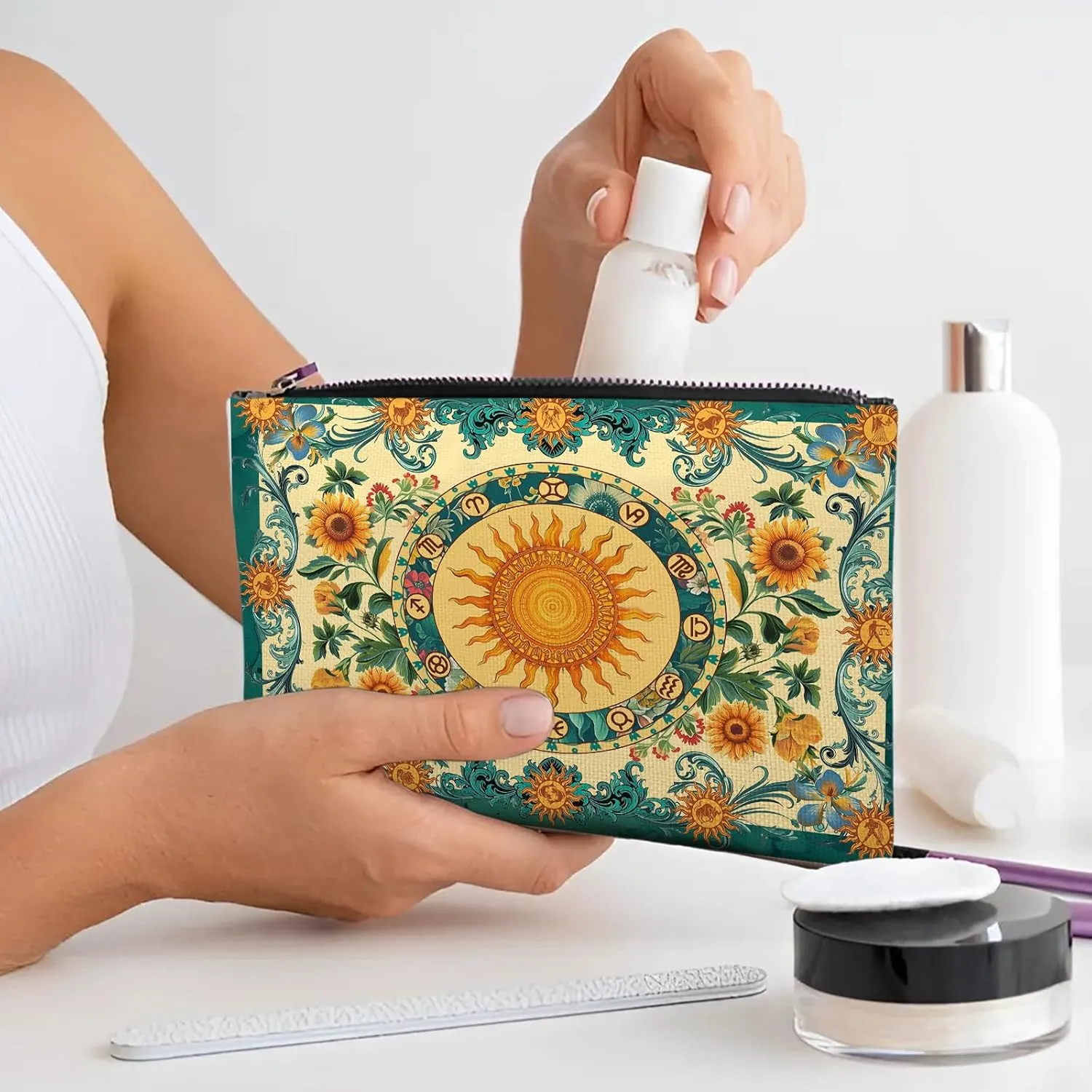 Golden Sun Galaxies Makeup Bag, Sunflowers Gifts For Astronomy Enthusiasts, Fashion Astronomy Makeup Pouch, Travel Toiletry Bag With Zipper, Birthday Christmas Gifts For Women Friend