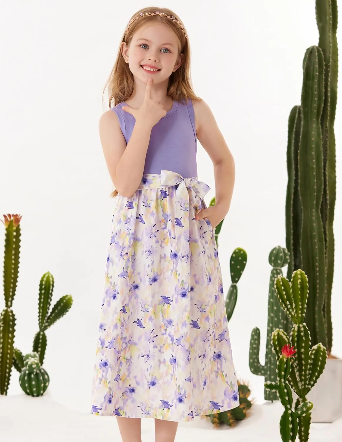 GRACE KARIN Girls Summer Dress for Teen Girls Floral Sleeveless Casual Sundress Midi Flowy Dress with Pocket Size 5-12