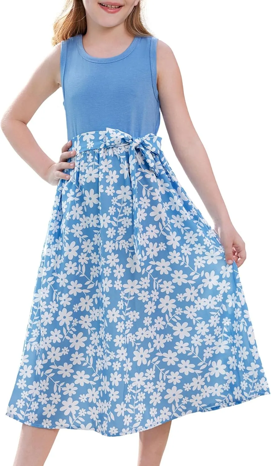 GRACE KARIN Girls Summer Dress for Teen Girls Floral Sleeveless Casual Sundress Midi Flowy Dress with Pocket Size 5-12