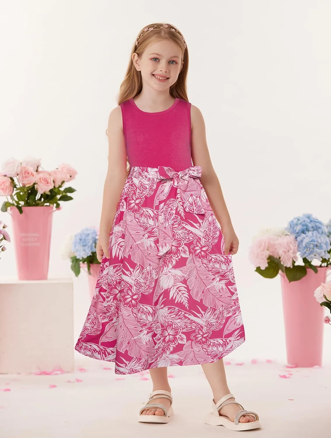 GRACE KARIN Girls Summer Dress for Teen Girls Floral Sleeveless Casual Sundress Midi Flowy Dress with Pocket Size 5-12
