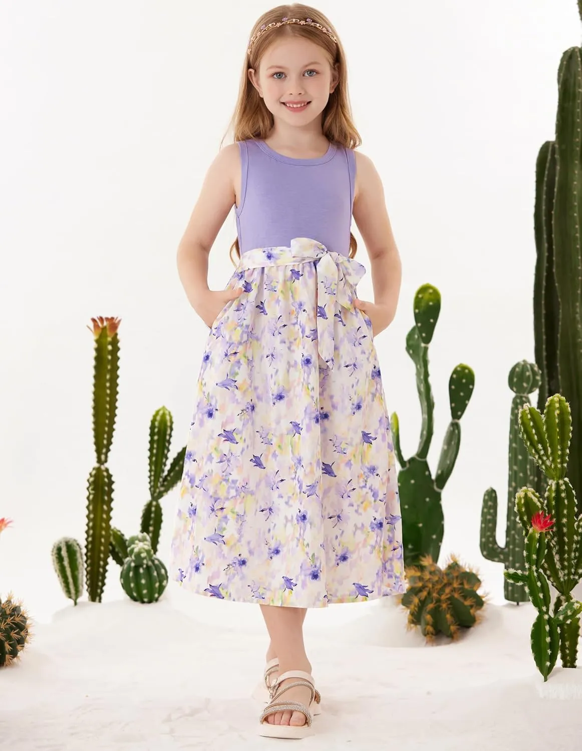 GRACE KARIN Girls Summer Dress for Teen Girls Floral Sleeveless Casual Sundress Midi Flowy Dress with Pocket Size 5-12