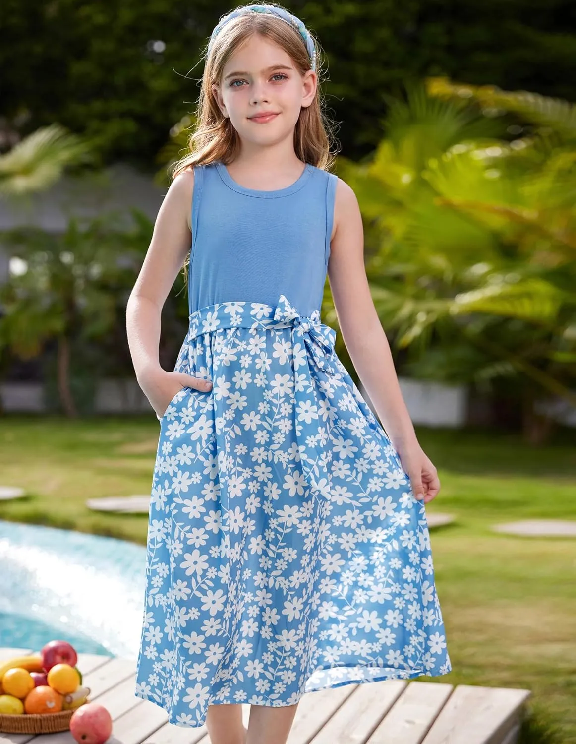 GRACE KARIN Girls Summer Dress for Teen Girls Floral Sleeveless Casual Sundress Midi Flowy Dress with Pocket Size 5-12