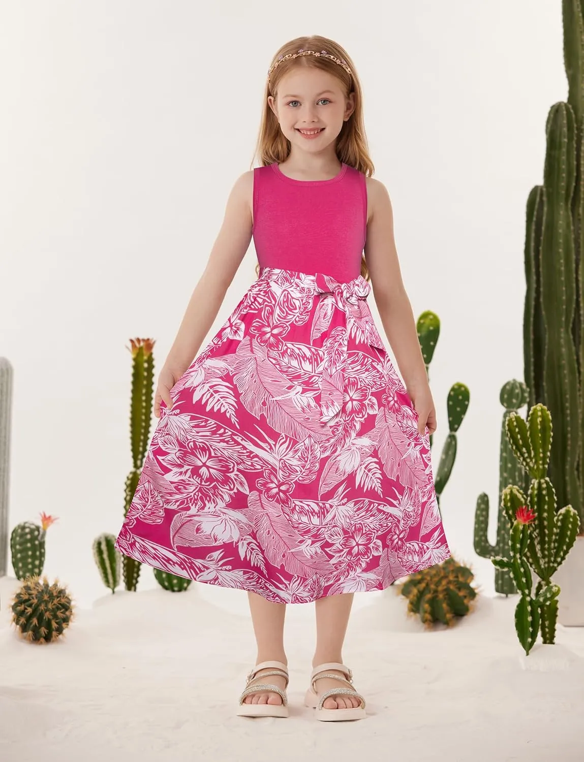 GRACE KARIN Girls Summer Dress for Teen Girls Floral Sleeveless Casual Sundress Midi Flowy Dress with Pocket Size 5-12