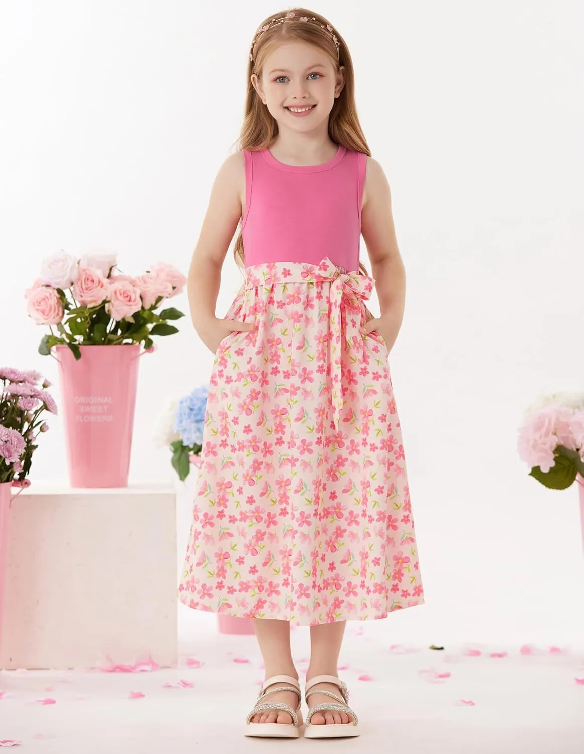 GRACE KARIN Girls Summer Dress for Teen Girls Floral Sleeveless Casual Sundress Midi Flowy Dress with Pocket Size 5-12