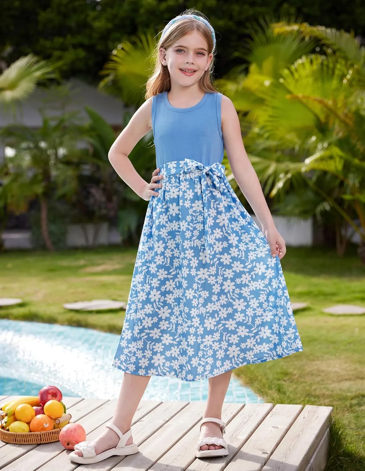 GRACE KARIN Girls Summer Dress for Teen Girls Floral Sleeveless Casual Sundress Midi Flowy Dress with Pocket Size 5-12