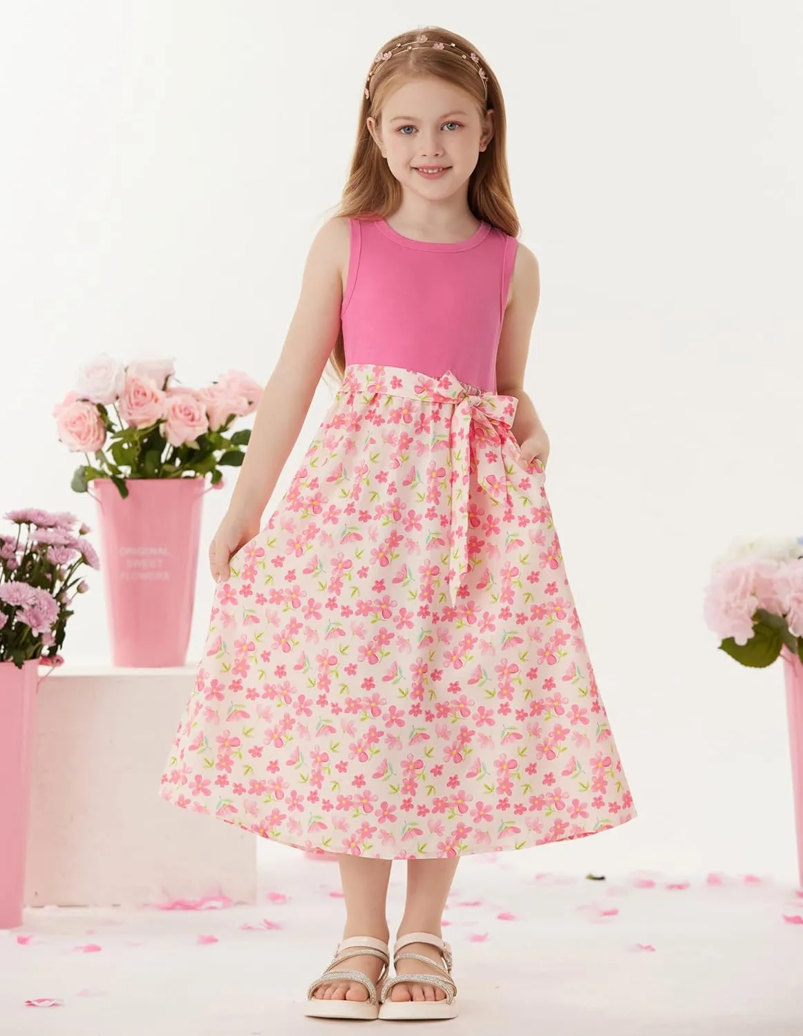 GRACE KARIN Girls Summer Dress for Teen Girls Floral Sleeveless Casual Sundress Midi Flowy Dress with Pocket Size 5-12