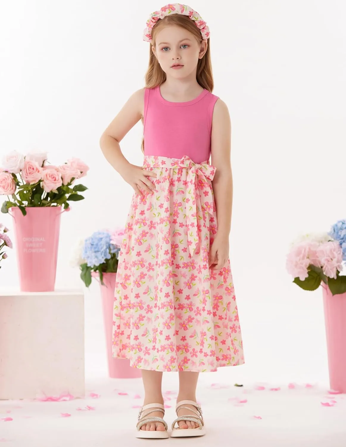 GRACE KARIN Girls Summer Dress for Teen Girls Floral Sleeveless Casual Sundress Midi Flowy Dress with Pocket Size 5-12