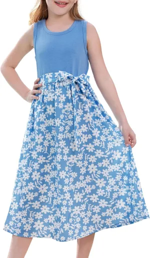 GRACE KARIN Girls Summer Dress for Teen Girls Floral Sleeveless Casual Sundress Midi Flowy Dress with Pocket Size 5-12
