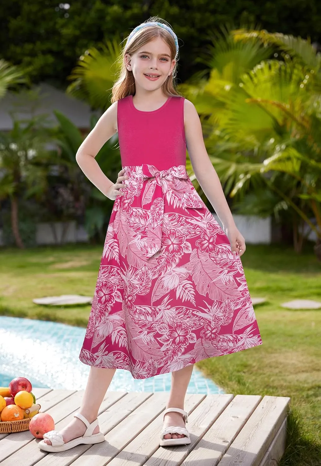 GRACE KARIN Girls Summer Dress for Teen Girls Floral Sleeveless Casual Sundress Midi Flowy Dress with Pocket Size 5-12