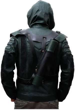 Green Arrow S5 Oliver Queen Stephen Costume Hooded Leather Jacket