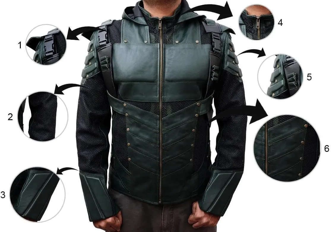 Green Arrow S5 Oliver Queen Stephen Costume Hooded Leather Jacket