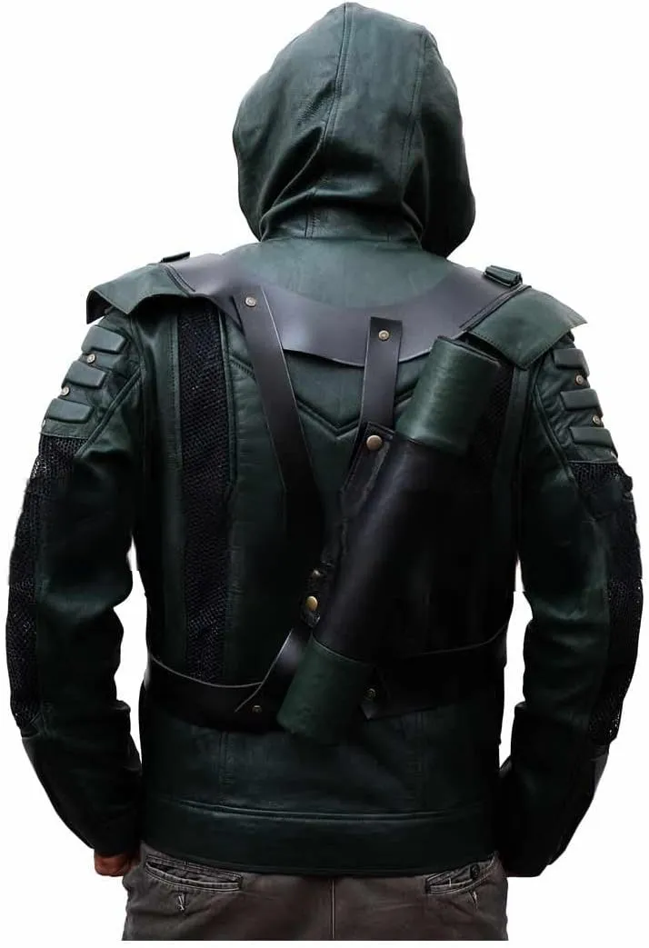 Green Arrow S5 Oliver Queen Stephen Costume Hooded Leather Jacket