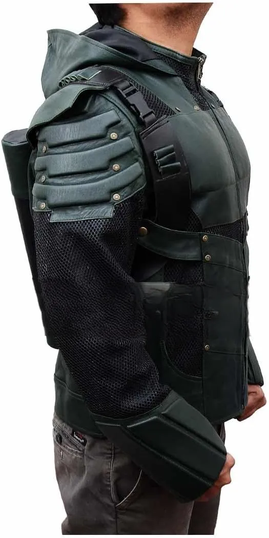 Green Arrow S5 Oliver Queen Stephen Costume Hooded Leather Jacket