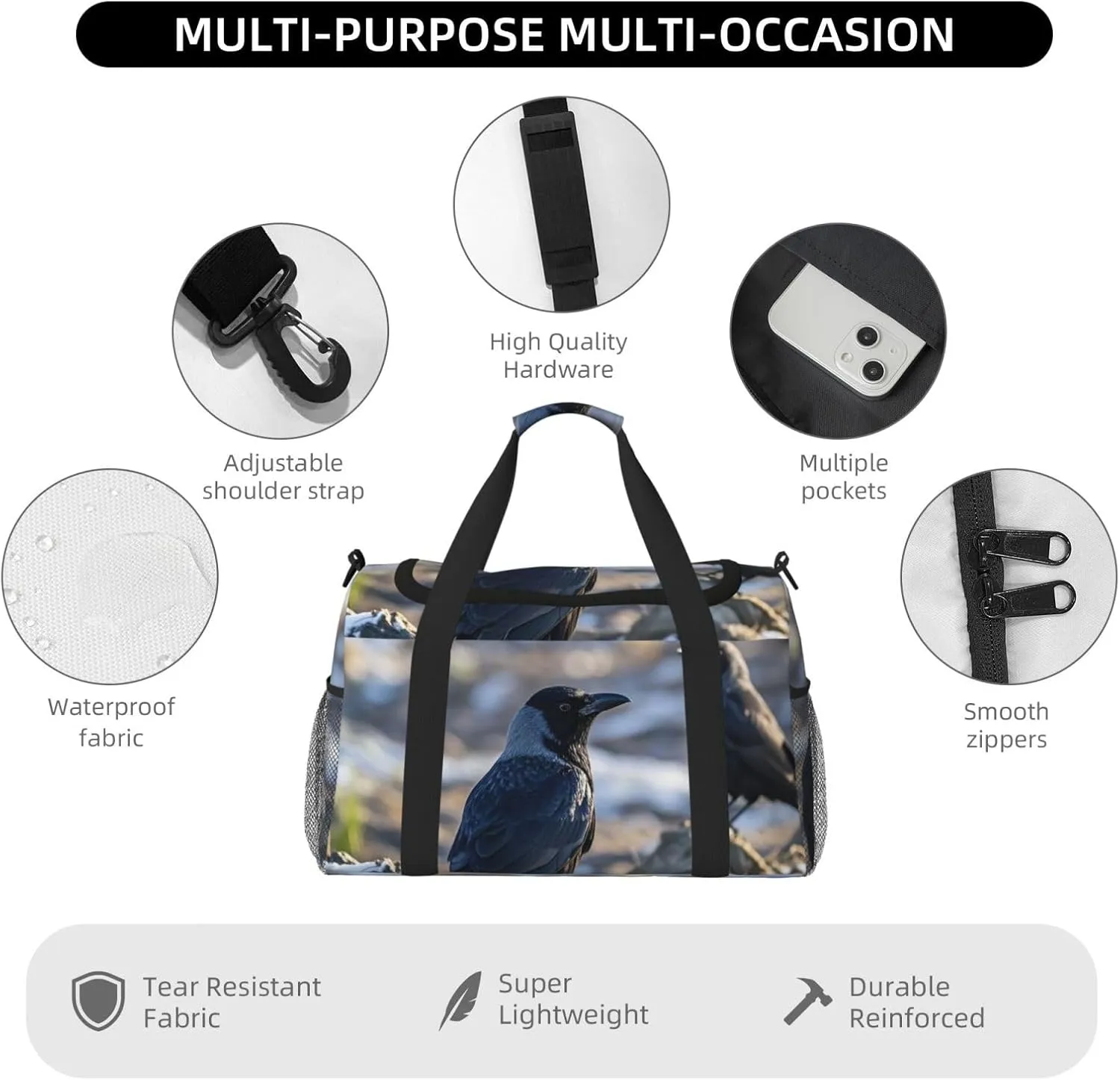 Gym Bag Black Crow Birds Duffel Bag for Men Women Travel Overnight Bag with Shoe Compartment Workout Bags