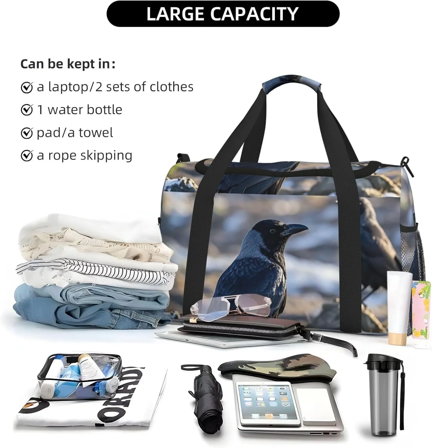 Gym Bag Black Crow Birds Duffel Bag for Men Women Travel Overnight Bag with Shoe Compartment Workout Bags