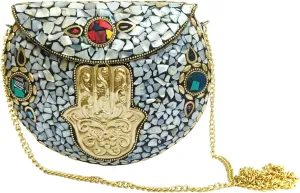 Hamsa hand embossed metal white mosaic womens MOP handmade clutch evening bag evening crossbody party wear