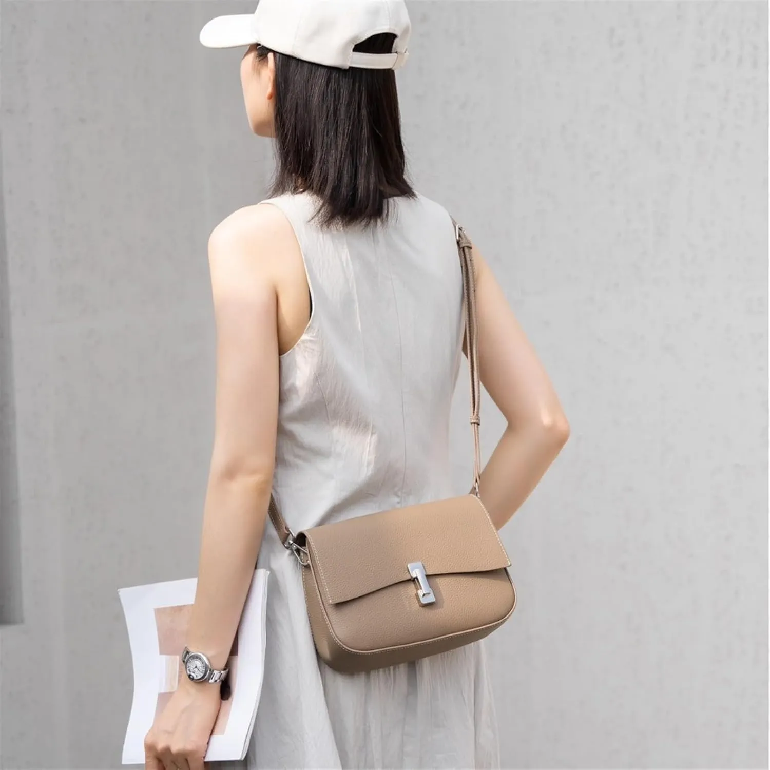 Handbag, Saddle Bag, Light Luxury Leather Women's Bags, Shoulder Bag (Gray)