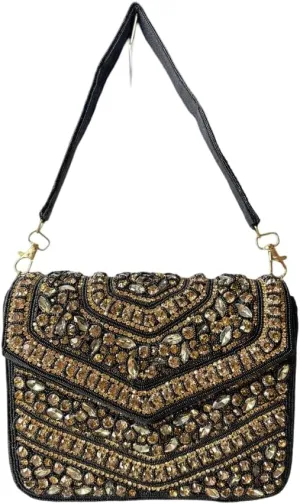 Handcrafted Black & Gold Beaded Evening Clutch Purse with Crystal Rhinestone Embellishments  Formal Party Shoulder Bag | Wedding & Event Accessory