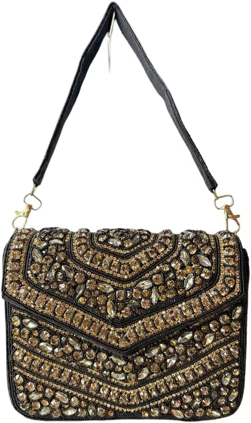 Handcrafted Black & Gold Beaded Evening Clutch Purse with Crystal Rhinestone Embellishments  Formal Party Shoulder Bag | Wedding & Event Accessory