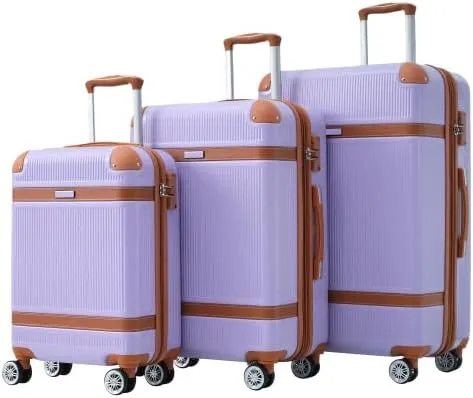 Hardside Luggage Set, 3 Piece Spinner Suitcase with Wheels, Light Purple with Brown Trim