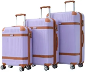 Hardside Luggage Set, 3 Piece Spinner Suitcase with Wheels, Light Purple with Brown Trim