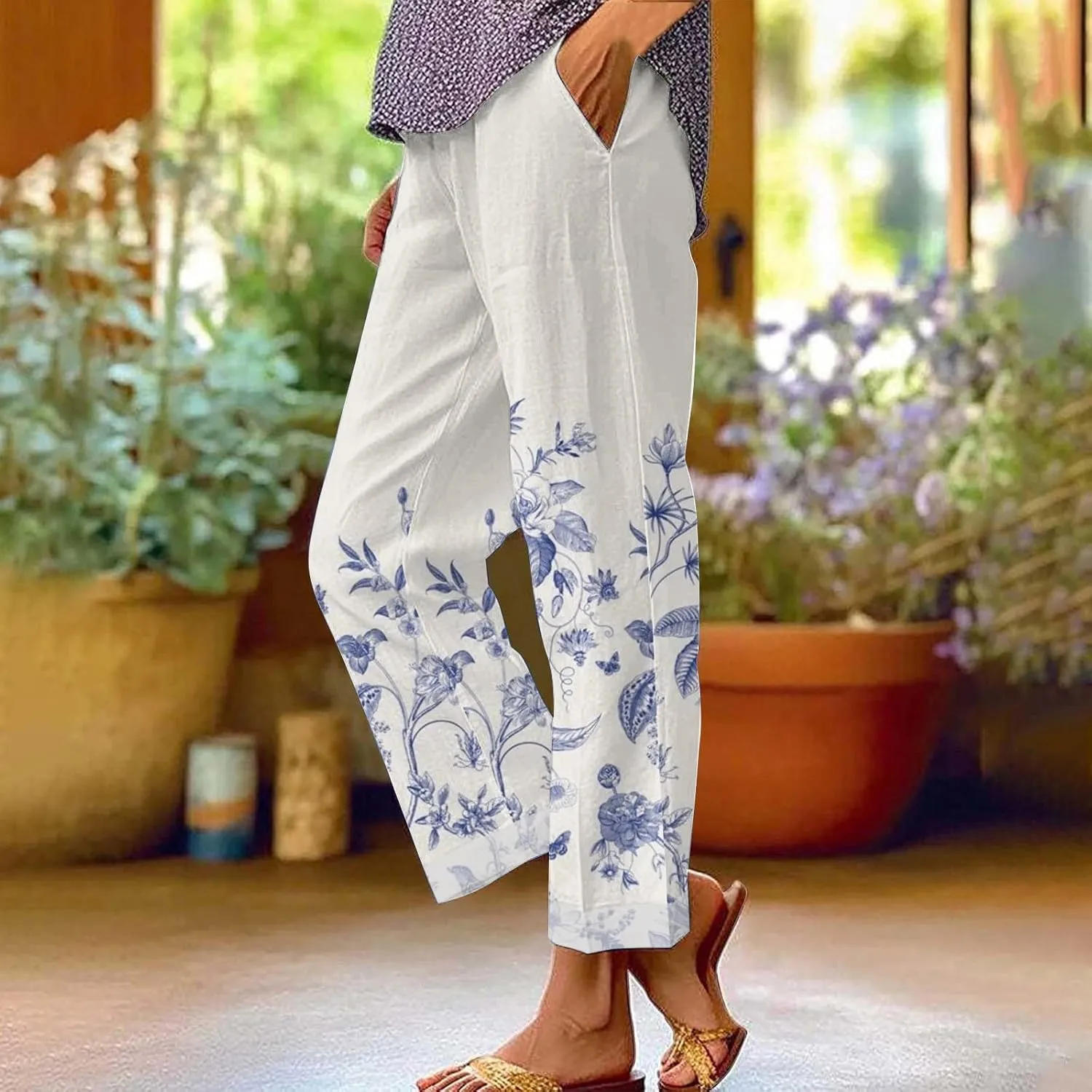 Hawaii Capri Pants for Women Casual Tropical Floral Print Pants Elastic High Waist Drawstring Summer Beach Trousers
