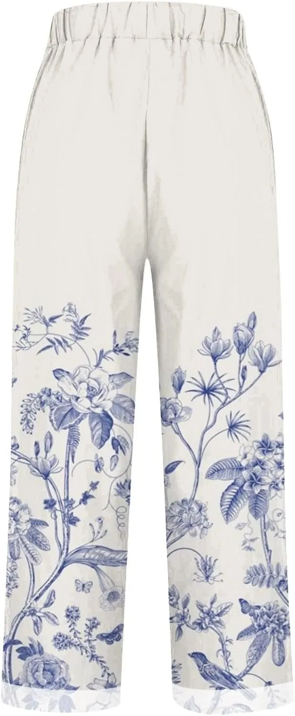 Hawaii Capri Pants for Women Casual Tropical Floral Print Pants Elastic High Waist Drawstring Summer Beach Trousers