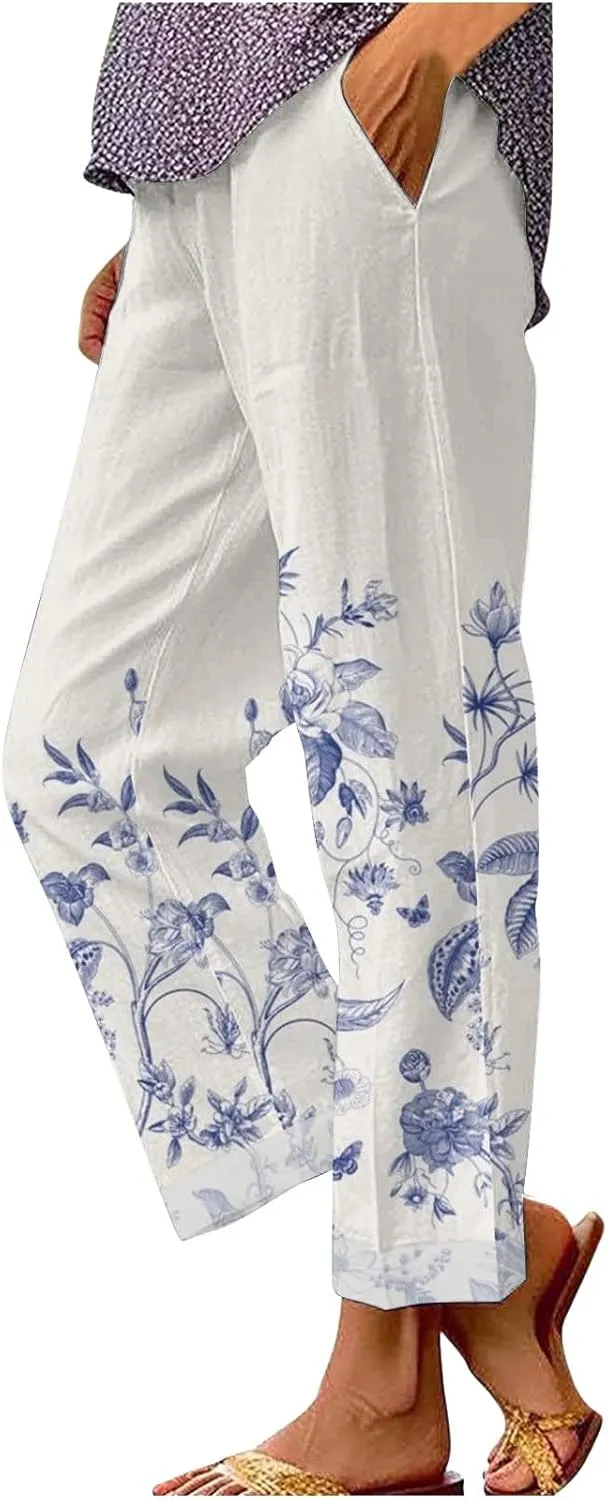 Hawaii Capri Pants for Women Casual Tropical Floral Print Pants Elastic High Waist Drawstring Summer Beach Trousers