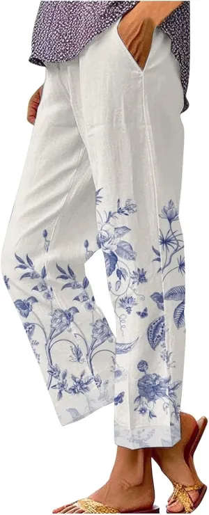 Hawaii Capri Pants for Women Casual Tropical Floral Print Pants Elastic High Waist Drawstring Summer Beach Trousers