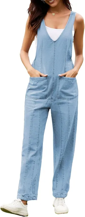 HBQ Women's Casual Denim Bib Jumpsuit Rompers Sleeveless V Neck Loose Baggy Jeans Pants Overalls With Pocket