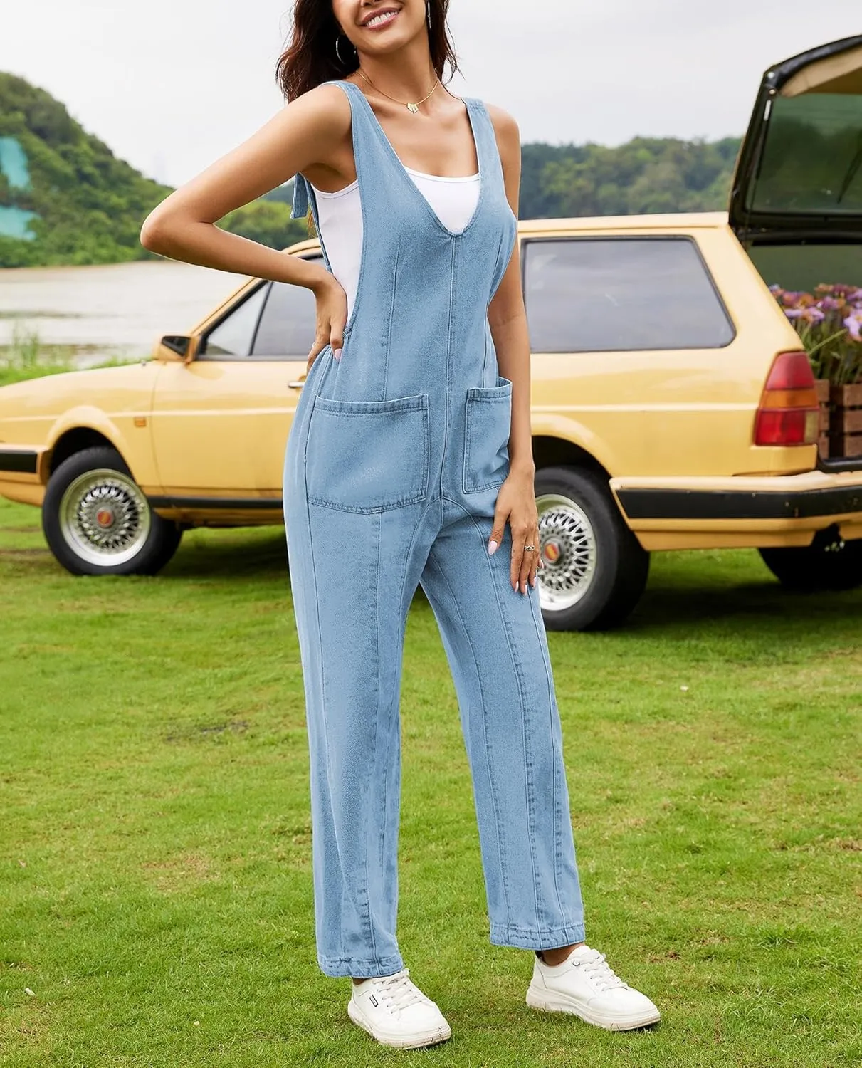 HBQ Women's Casual Denim Bib Jumpsuit Rompers Sleeveless V Neck Loose Baggy Jeans Pants Overalls With Pocket