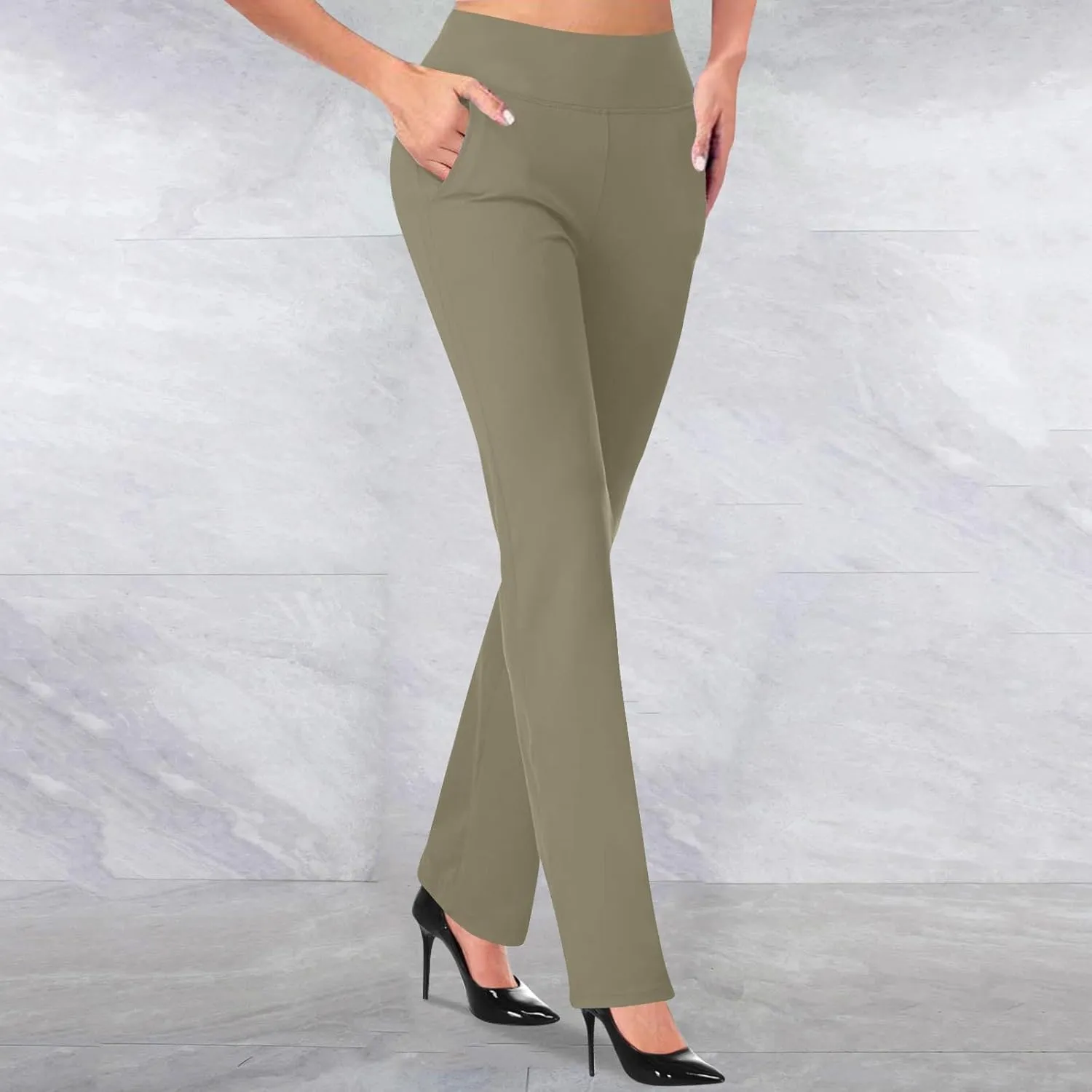 High Waisted Dress Pants for Women Stretchy Straight Leg Pant Work Trouser Business Office Casual Slacks with Pockets
