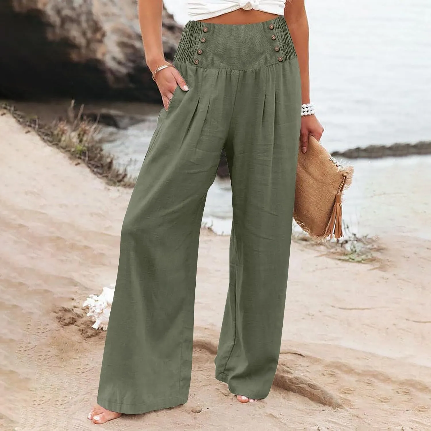 High Waisted Palazzo Wide Leg Flowy Dressy Pants for Women Business Casual Trousers with Pockets