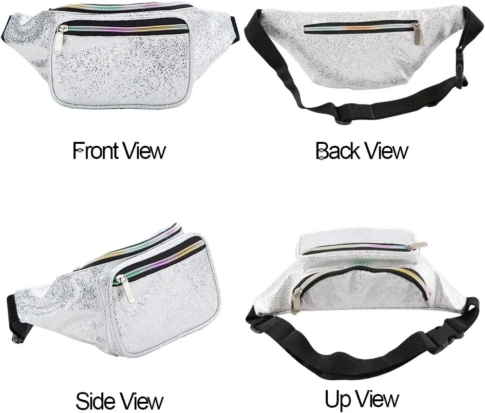 Holographic Fanny Pack Fashion Rave Waist Bag with Adjustable Belt for Women and Men (Gravel Silver)