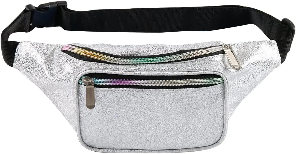 Holographic Fanny Pack Fashion Rave Waist Bag with Adjustable Belt for Women and Men (Gravel Silver)