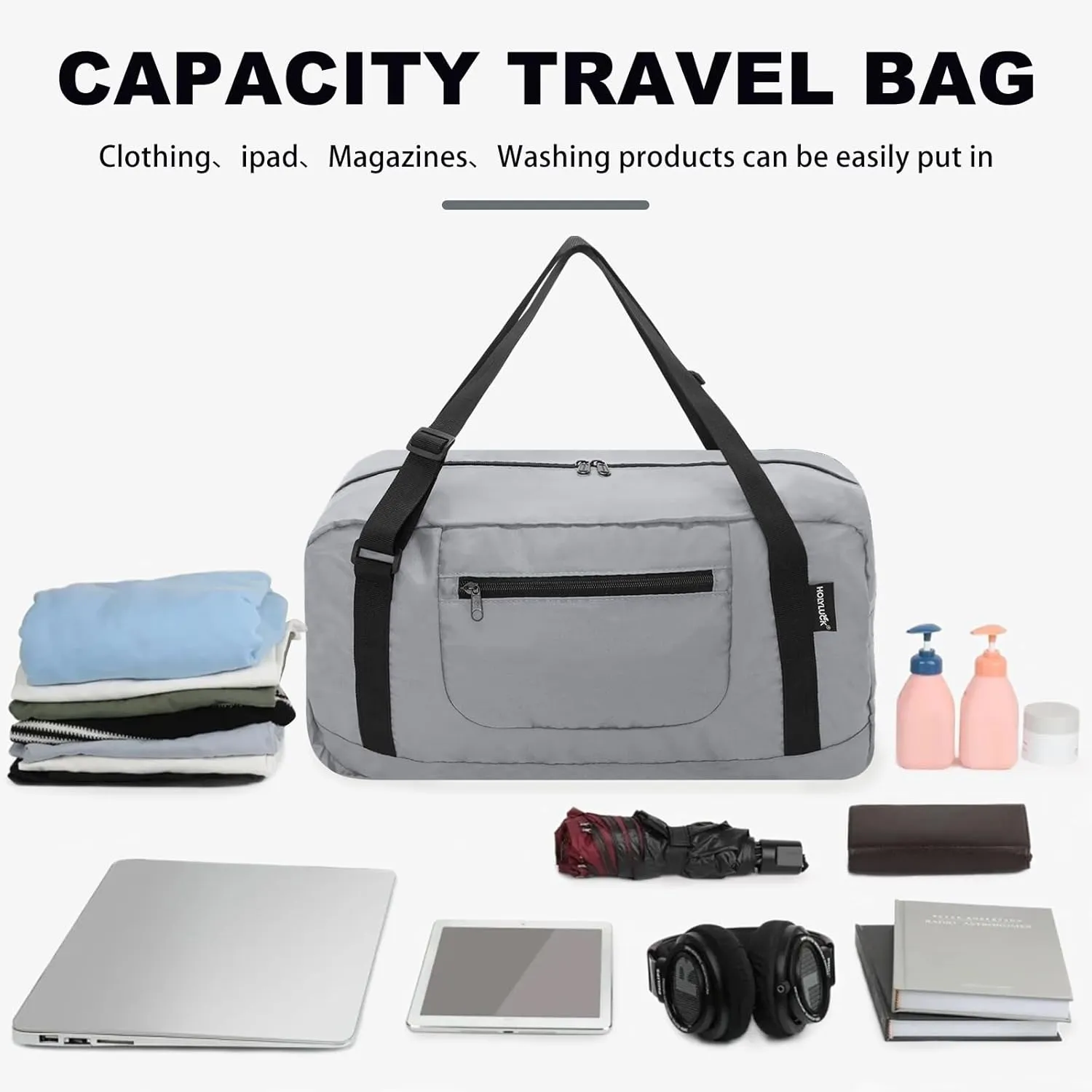 HOLYLUCK Foldable Travel Duffel Bag For Women & Men Luggage Great for Gym -Light grey