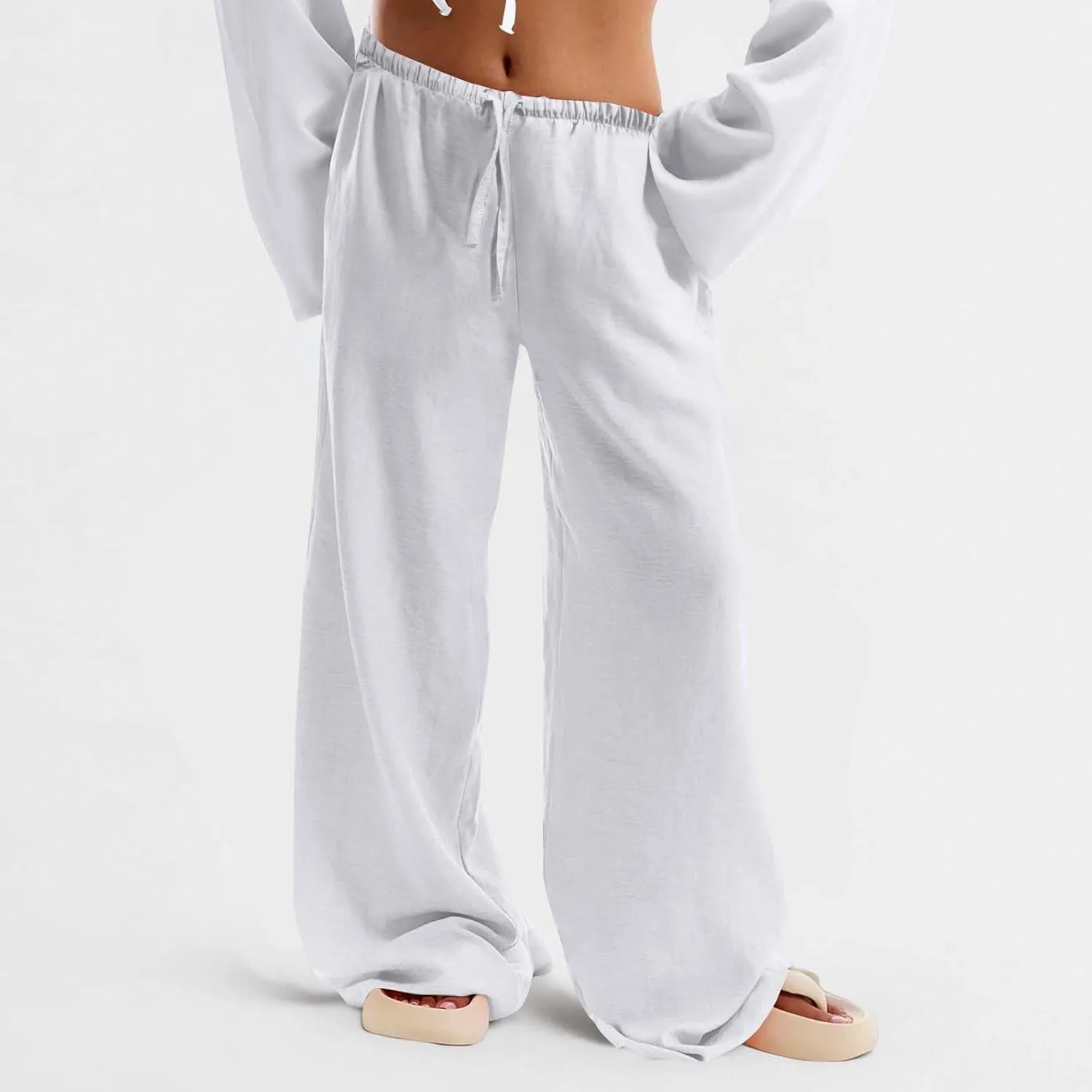 Hvyesh Low Rise Linen Pants for Women Flowy Wide Leg Summer Casual 2025 Y2k Streetwear Trendy Baggy Sweatpants Drawstring