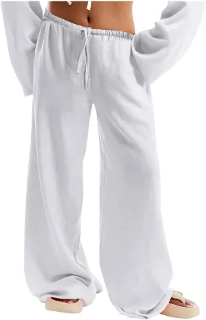 Hvyesh Low Rise Linen Pants for Women Flowy Wide Leg Summer Casual 2025 Y2k Streetwear Trendy Baggy Sweatpants Drawstring