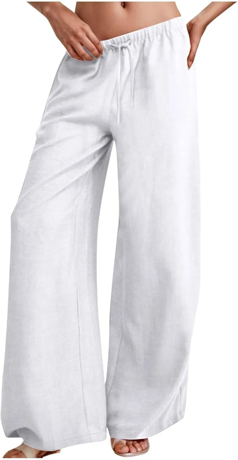 Hvyesh Low Rise Linen Pants for Women Flowy Wide Leg Summer Casual 2025 Y2k Streetwear Trendy Baggy Sweatpants Drawstring