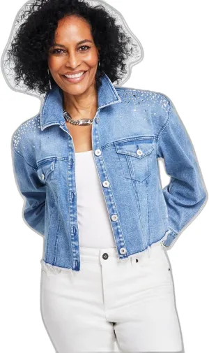 I.N.C. INTERNATIONAL CONCEPTS Women's Embellished Denim Trucker Jacket Light Indigo S