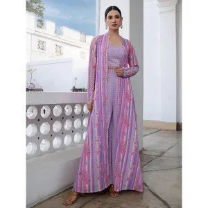 Janasya Womens Lavender-Pink Crop Top with Palazzo and Jacket (Set of 3)