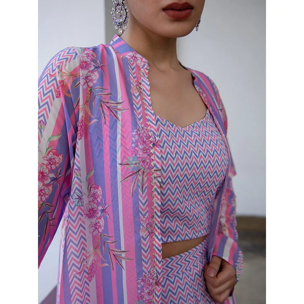 Janasya Womens Lavender-Pink Crop Top with Palazzo and Jacket (Set of 3)