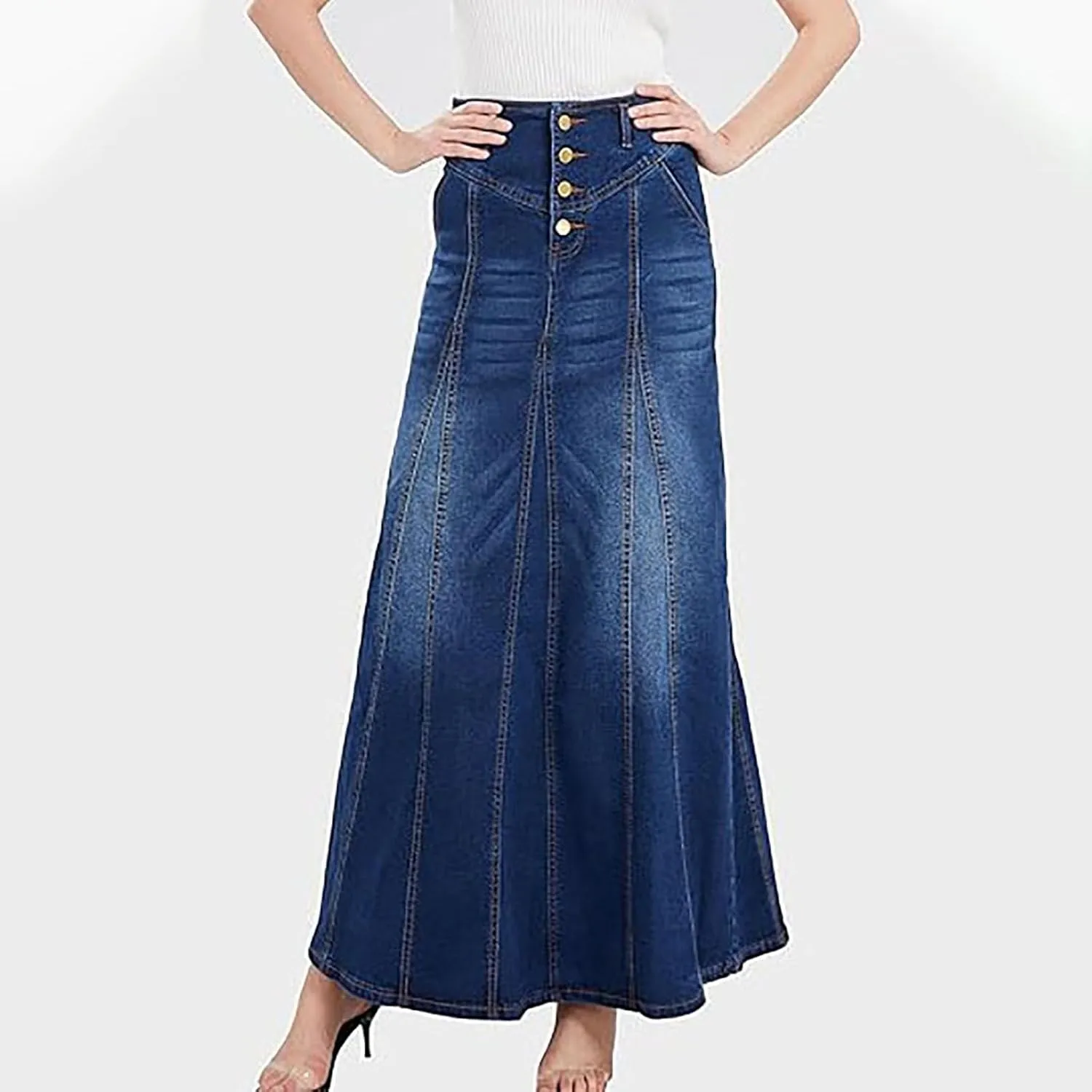 Jean Skirts for Women Denim Retro Exposure Button Fly High Rise A Line Maxi Skirt Ruffle Swing Packaged Hip Skirts