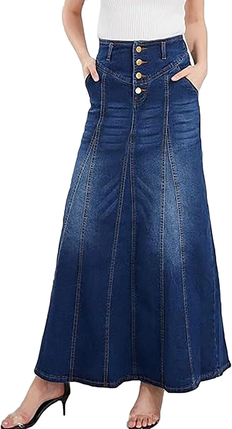 Jean Skirts for Women Denim Retro Exposure Button Fly High Rise A Line Maxi Skirt Ruffle Swing Packaged Hip Skirts