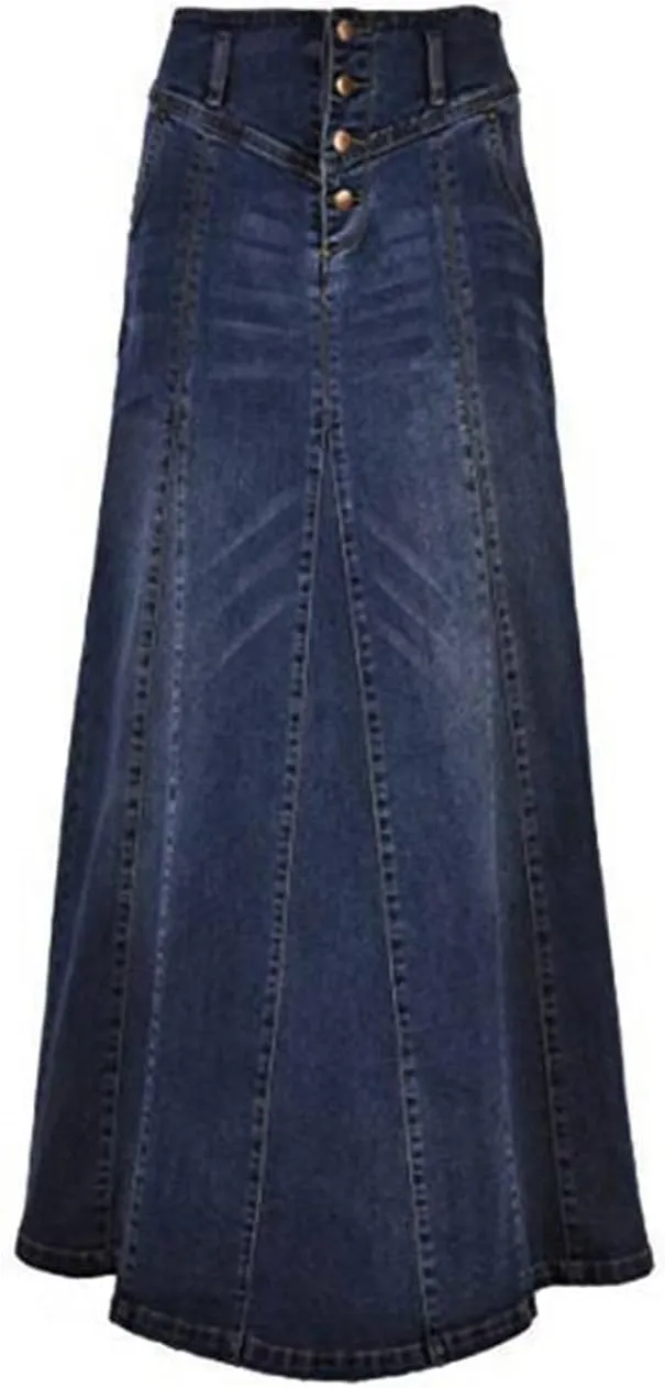 Jean Skirts for Women Denim Retro Exposure Button Fly High Rise A Line Maxi Skirt Ruffle Swing Packaged Hip Skirts