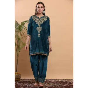 Kaanchie Nanggia Teal Green Embroidered Kurta Salwar (Set of 2)